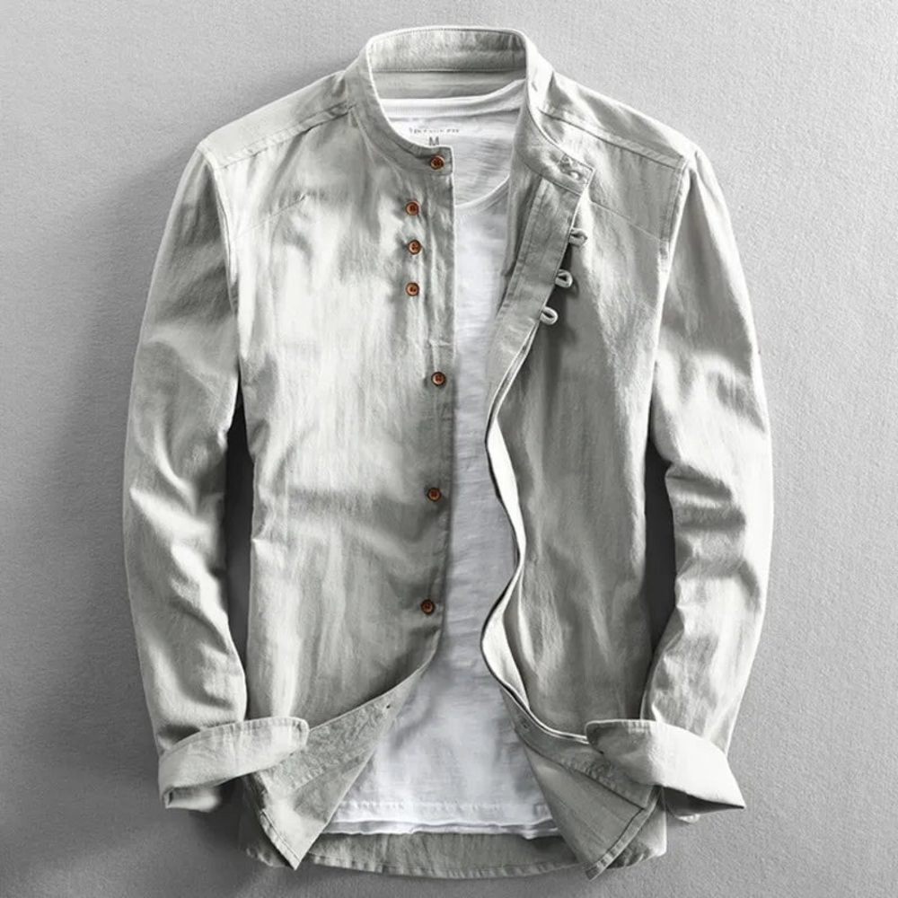 Caominmayi NWOT “Katana” Japanese Mandarin Henley Cotton/Linen Grey 4XL